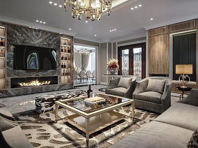 Elegant Modern Living Dining Room Interior With Chandelier Fireplace TV Wall Sofa And Coffee Table 3d model