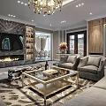 Elegant Modern Living Dining Room Interior With Chandelier Fireplace TV Wall Sofa And Coffee Table