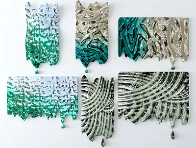 Modern Artistic Wall Decor with Green Silver Gradient and Feather Like Texture Panels 3d model