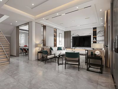 Modern Living and Dining Room Interior Design With Gray Flooring Green Chairs TV Wall 3d model