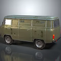Vintage Olive Green Military Van With Worn Appearance Multiple Windows And Silver Rims