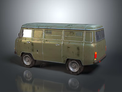 Vintage Olive Green Military Van With Worn Appearance Multiple Windows And Silver Rims 3d model
