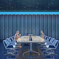 Modern Conference Room Interior Design With Round Conference Table Blue Chairs And Paneled Walls