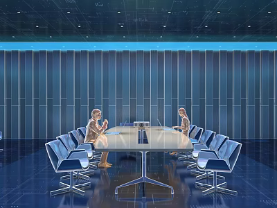 Modern Conference Room Interior Design With Round Conference Table Blue Chairs And Paneled Walls 3d model