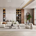 Modern Living Room Interior Design With White Sofa Coffee Table Bookshelves And Pendant Lights