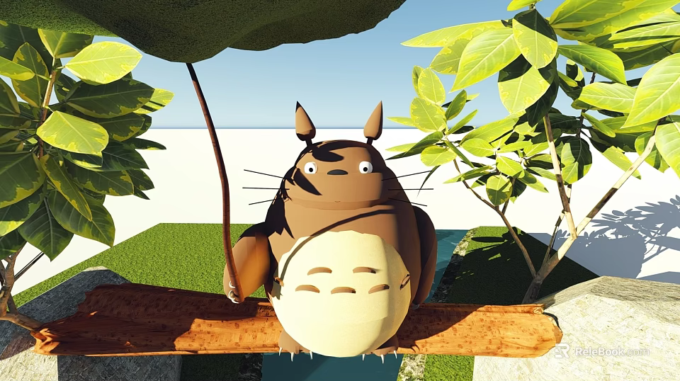 Cute Totoro Sitting On Wooden Branch Surrounded By Green Leaves Under Blue Sky 3d model 