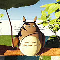 Cute Totoro Sitting On Wooden Branch Surrounded By Green Leaves Under Blue Sky