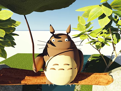 Cute Totoro Sitting On Wooden Branch Surrounded By Green Leaves Under Blue Sky 3d model