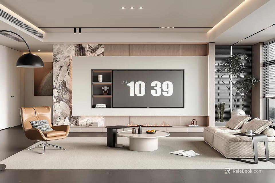 Modern Living Room Interior With Sofa TV Coffee Table Armchair And Marble Accent Wall 3d model 