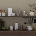 Organized Kitchenware on Shelf with Hanging Utensils Containers Teapot and Paper Towel