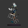 Modern Scene With Floating Books Desk Chair And Purple Checkered Base