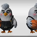 Cartoon Chicken Sculpture Wearing Overalls Holding Basketball White Feathers Gray Crest