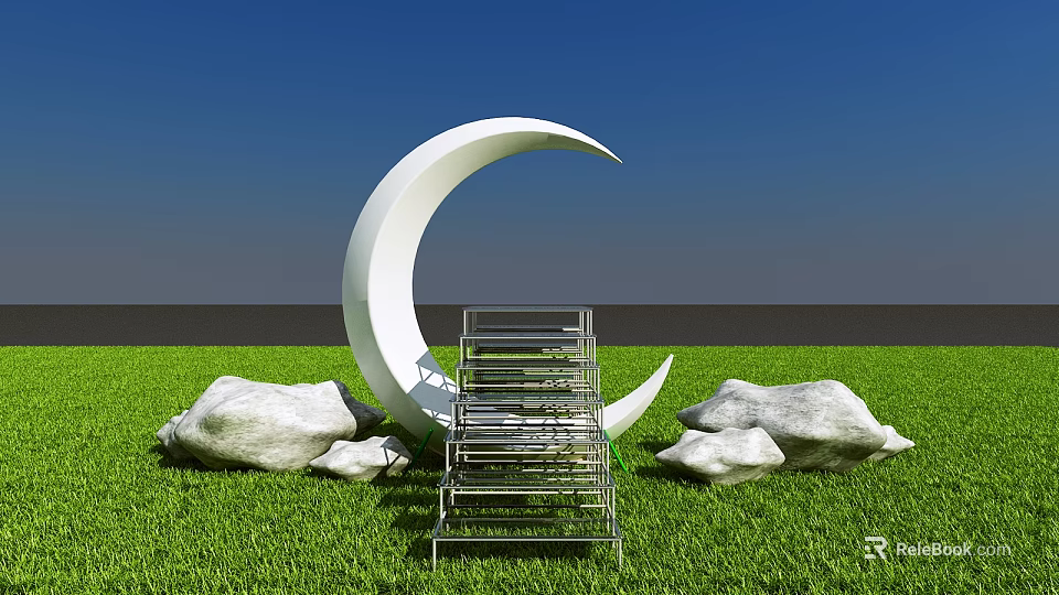 Garden Landscape Featuring White Crescent Sculpture Green Grass Large Rocks And Metal Ladder 3d model 