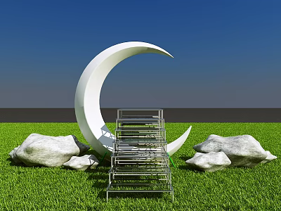 Garden Landscape Featuring White Crescent Sculpture Green Grass Large Rocks And Metal Ladder 3d model