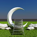 Garden Landscape Featuring White Crescent Sculpture Green Grass Large Rocks And Metal Ladder