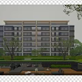 Modern Residential Building With Glass Facade And Landscaped Courtyard Greenery Outdoor Space
