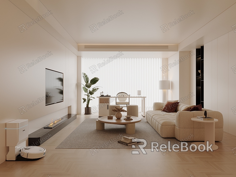 Cream Style Home Living Room Fabric Sofa Coffee Table Combination TV Background Wall Tea Table and Chair Combination Sweeper TV Cabinet Potted Floor Lamp Venetian Blinds model