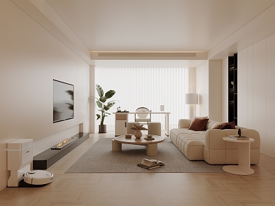 Cream Style Home Living Room Fabric Sofa Coffee Table Combination TV Background Wall Tea Table and Chair Combination Sweeper TV Cabinet Potted Floor Lamp Venetian Blinds model