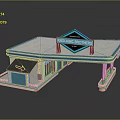 Lucky Brothers Gas Station With Blue Neon Lights On Roof And Arrow Pointing To Entrance