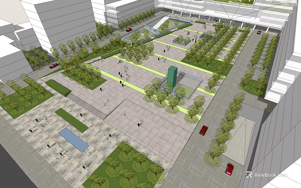 Modern Office Building Plaza With Lush Greenery Pedestrian Walkways And Open Areas 3d model 