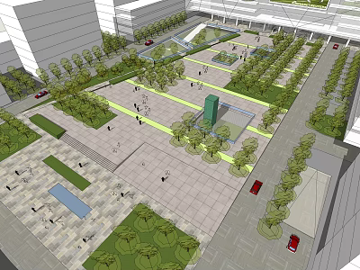 Modern Office Building Plaza With Lush Greenery Pedestrian Walkways And Open Areas 3d model