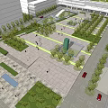 Modern Office Building Plaza With Lush Greenery Pedestrian Walkways And Open Areas