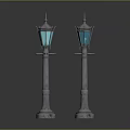Vintage Street Lamps With Silver Poles Blue Shades Spire Decorations And Carved Bases