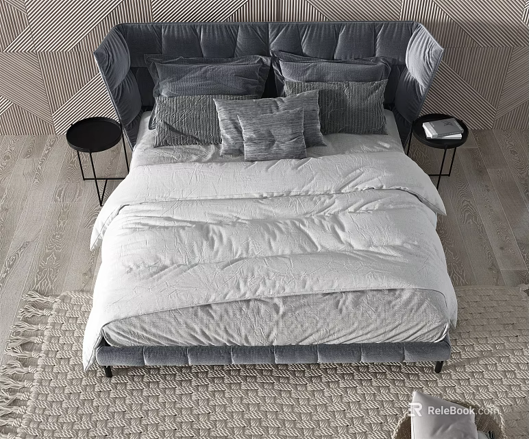Double Bed with Grey Upholstered Headboard White Comforter Grey Pillows and Black Nightstands in Bedroom 3d model 