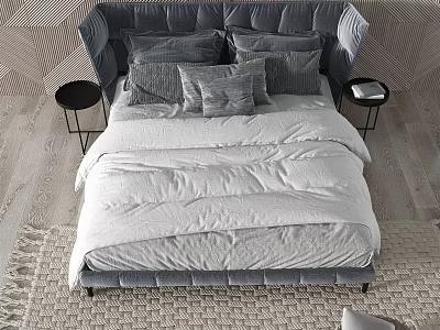 Double Bed with Grey Upholstered Headboard White Comforter Grey Pillows and Black Nightstands in Bedroom 3d model