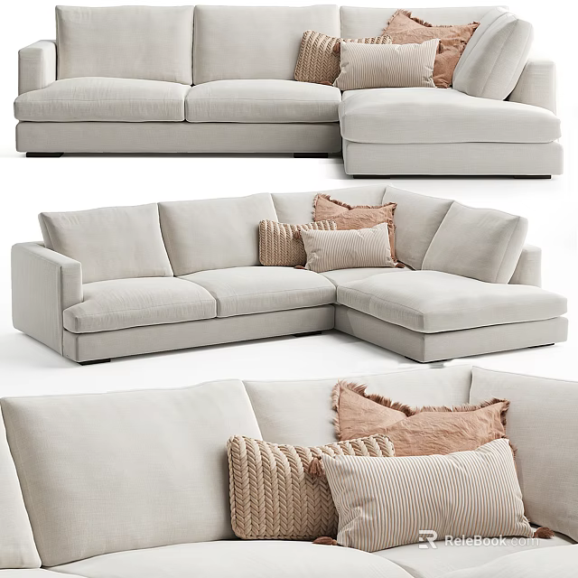 Light Beige Corner Sectional Sofa With Woven And Striped Decorative Pillows 3d model 