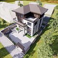 Modern Detached Villa Exterior With Stone Facade Large Windows Green Lawn And Trees