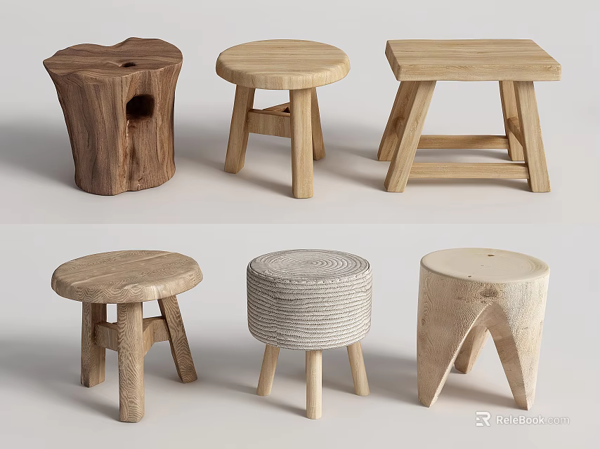 Various Wooden Stools With Stump Round Square And Woven Designs For Home 3d model 