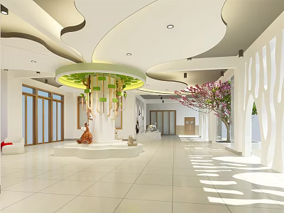Bright Kindergarten Interior Design With Curved Ceiling Green Plants And Playful Decor 3d model