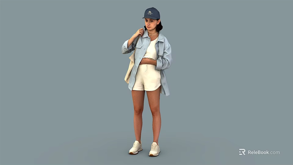 Woman in Blue Cap Light Blue Shirt White Shorts and Beige Bag on Gray Background 3d model 