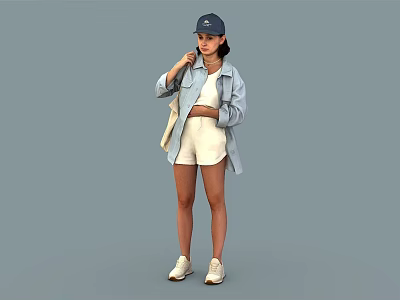 Woman in Blue Cap Light Blue Shirt White Shorts and Beige Bag on Gray Background 3d model