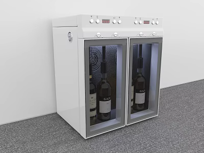 White Double Door Wine Cooler With Glass Doors Bottles Inside And Control Panel On Top 3d model