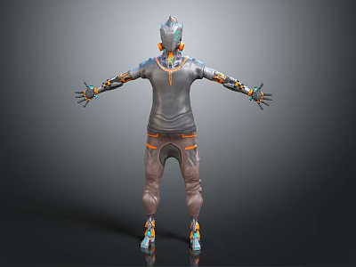 Game Movie Character with Metallic Helmet Gray Bodysuit Orange Blue Accents Mechanical Armor Standing Pose 3d model