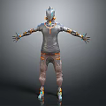 Game Movie Character with Metallic Helmet Gray Bodysuit Orange Blue Accents Mechanical Armor Standing Pose