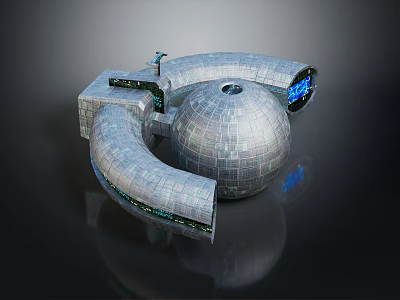 Cartoon Scene of Futuristic Spherical Structure with Curved Tubes Blue Lights and Metallic Texture 3d model
