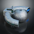 Cartoon Scene of Futuristic Spherical Structure with Curved Tubes Blue Lights and Metallic Texture
