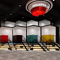 Luxury Club Lounge Interior With Circular Ceiling Red Central Decor Geometric Walls And Green Plants