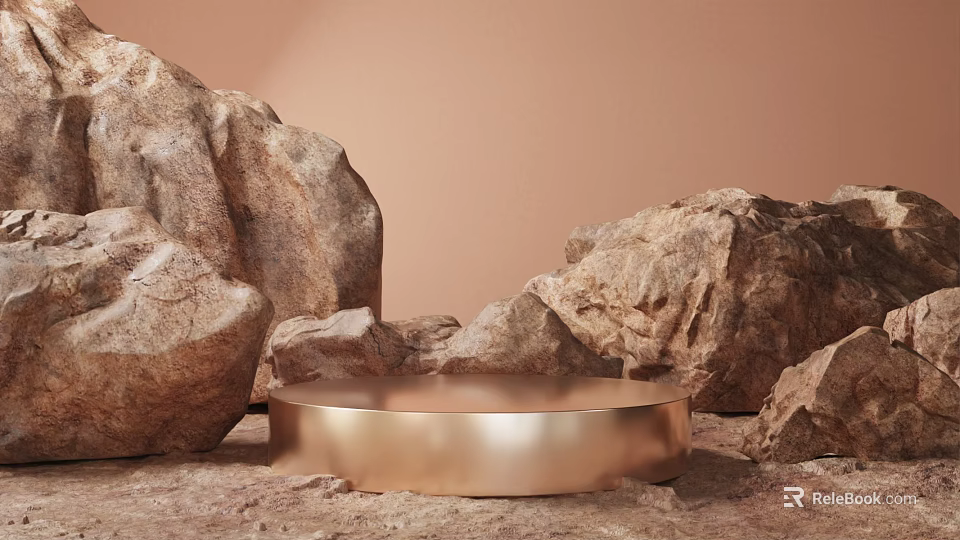 Gold Round E-commerce Display Stand Surrounded by Large Rocks with Light Brown Background 3d model