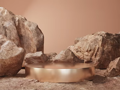 Gold Round E-commerce Display Stand Surrounded by Large Rocks with Light Brown Background 3d model
