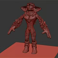 Futuristic Character And Biomechanical Creature With Crystal Blue Appendages And Orange Armored Suit
