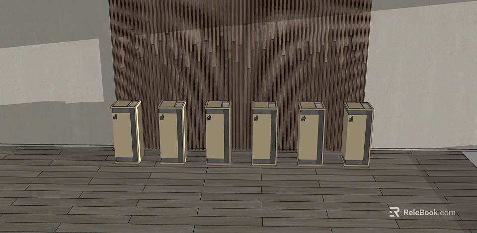 Six Public Facility Trash Bins Arranged In Row With Wooden Wall And Floor 3d model 