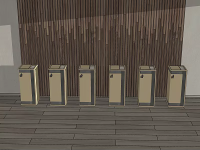 Six Public Facility Trash Bins Arranged In Row With Wooden Wall And Floor 3d model