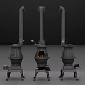 Three Black Cast Iron Kitchen Stoves Featuring Tall Chimneys And Central Burning Flame 3d model