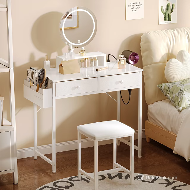 Bedroom Interior With White Dressing Table Mirror Cosmetics White Stool Beige Bed And Wooden Floor 3d model 