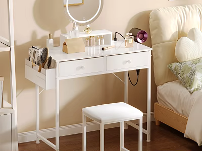 Bedroom Interior With White Dressing Table Mirror Cosmetics White Stool Beige Bed And Wooden Floor 3d model