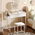 Bedroom Interior With White Dressing Table Mirror Cosmetics White Stool Beige Bed And Wooden Floor